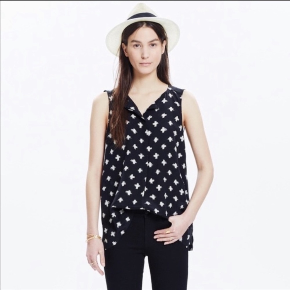 Madewell Strokedash 100% Silk Composition Tank Top Blouse Black White